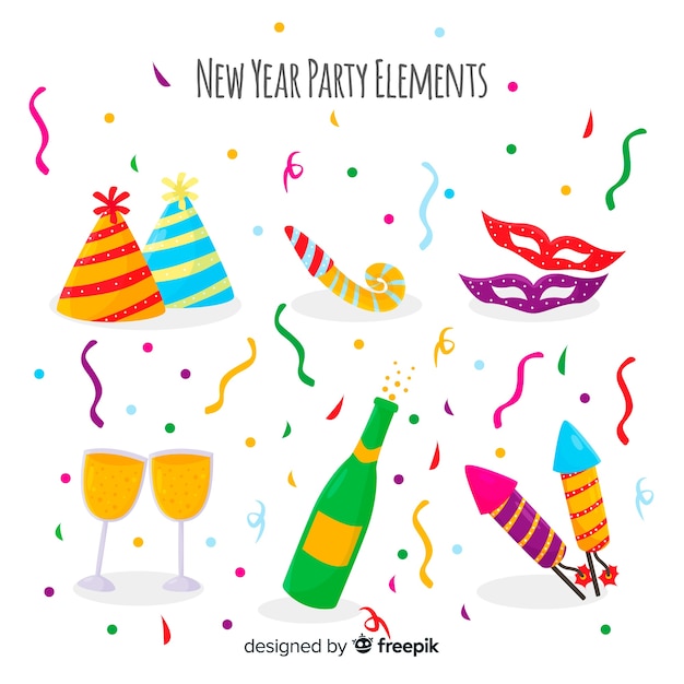 Colección adorable de elementos de fiesta de fin de año con diseño plano