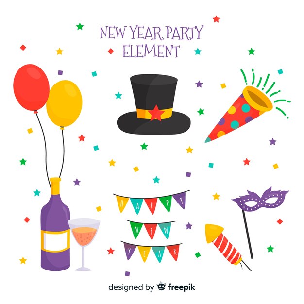 Colección adorable de elementos de fiesta de fin de año con diseño plano