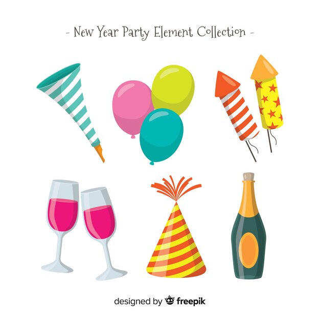 Colección adorable de elementos de fiesta de fin de año con diseño plano