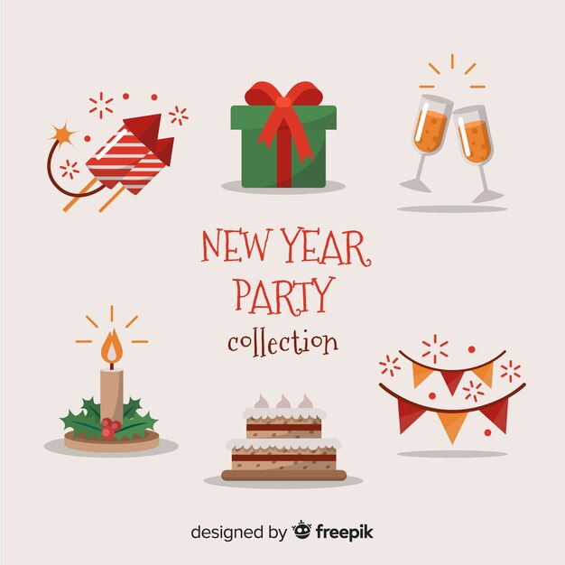 Colección adorable de elementos de fiesta de fin de año con diseño plano