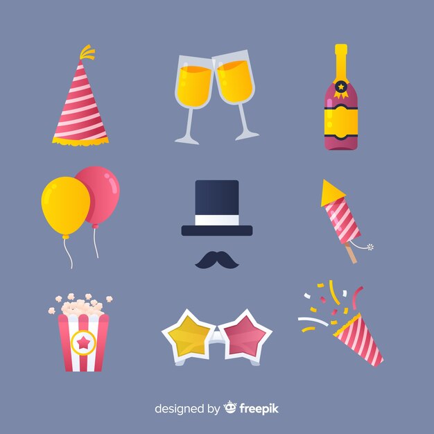 Colección adorable de elementos de fiesta de fin de año con diseño plano