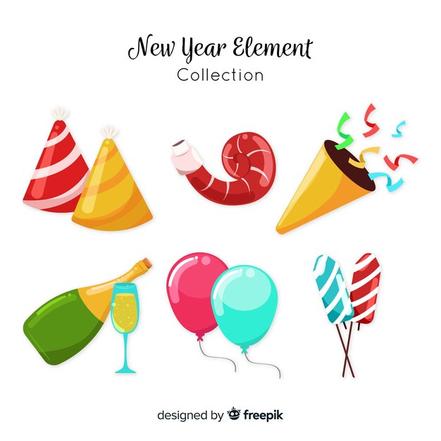 Colección adorable de elementos de fiesta de fin de año con diseño plano