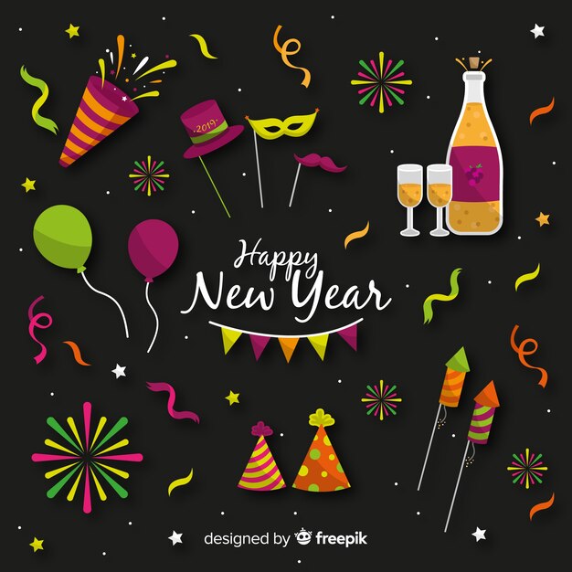 Colección adorable de elementos de fiesta de fin de año con diseño plano