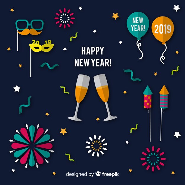 Colección adorable de elementos de fiesta de fin de año con diseño plano