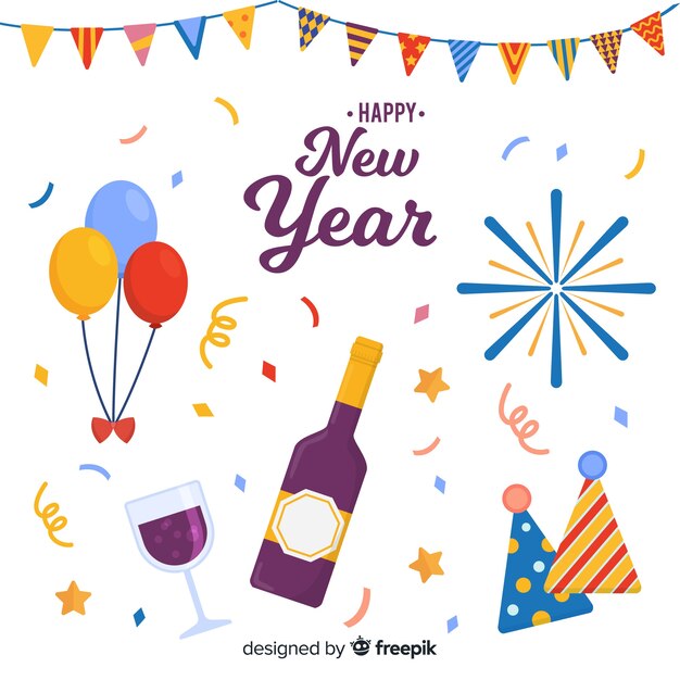 Colección adorable de elementos de fiesta de fin de año con diseño plano