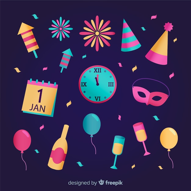 Colección adorable de elementos de fiesta de fin de año con diseño plano