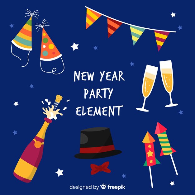 Colección adorable de elementos de fiesta de fin de año con diseño plano