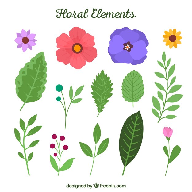 Colección adorable de elementos florales con diseño plano