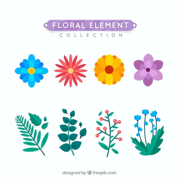 Colección adorable de elementos florales con diseño plano