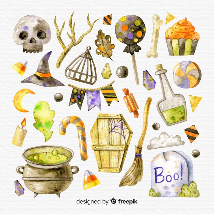 Vector gratuito colección adorable de elementos de halloween en acuarela
