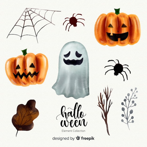 Vector gratuito colección adorable de elementos de halloween en acuarela