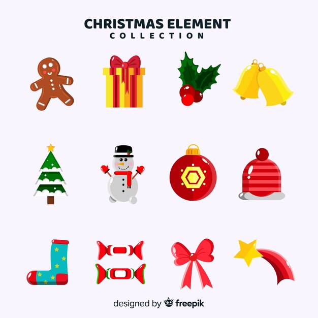 Colección adorable de elementos de navidad con diseño plano