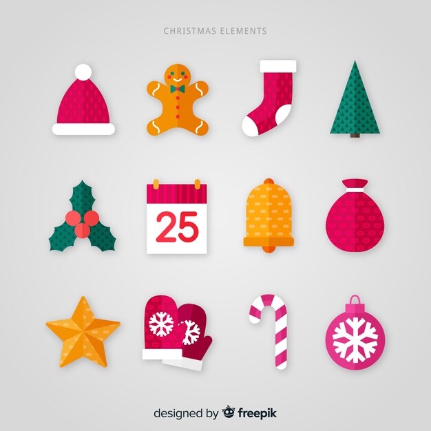 Colección adorable de elementos de navidad con diseño plano