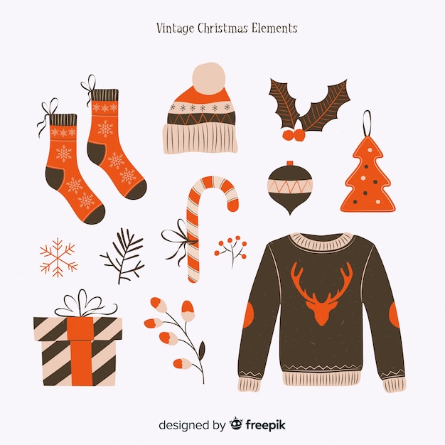 Vector gratuito colección adorable de elementos de navidad con diseño vintage