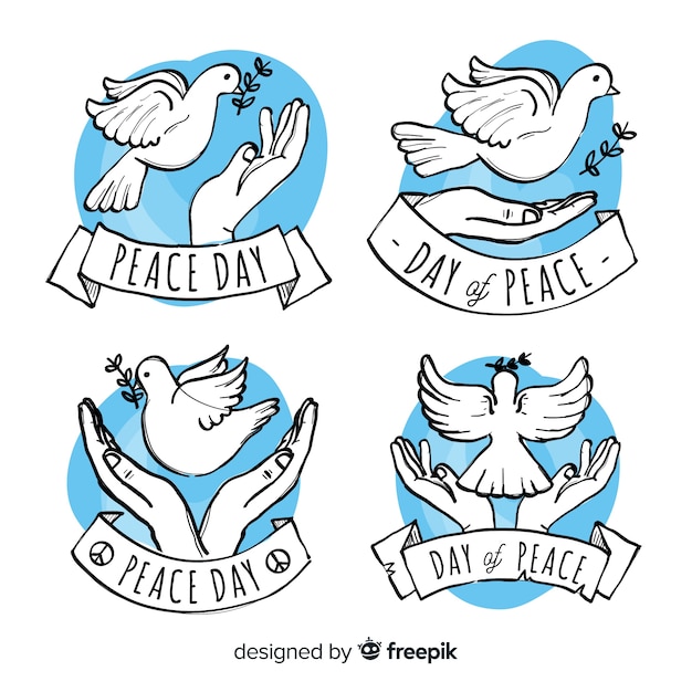 Colección adorable de etiquetas del día de la paz dibujadas a mano