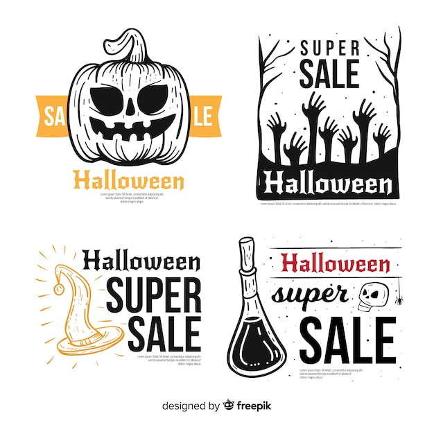 Vector gratuito colección adorable de etiquetas de rebajas de halloween dibujadas a mano