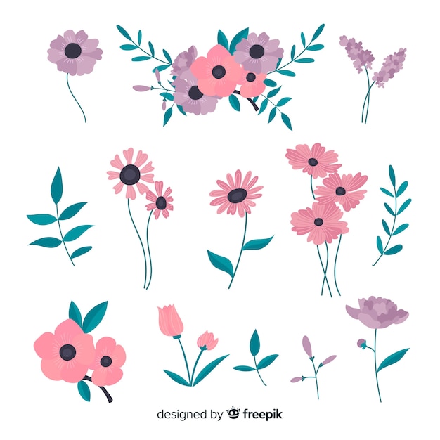 Colección adorable de flores con diseño plano