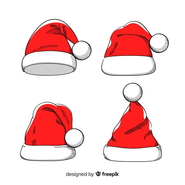 Colección adorable de gorros de santa claus dibujados a mano