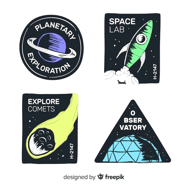 Vector gratuito colección adorable de insignias del espacio dibujadas a mano