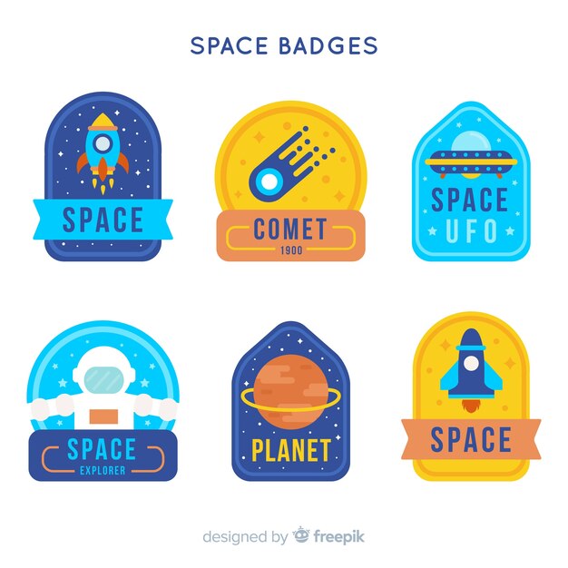 Colección adorable de insignias del espacio con diseño plano