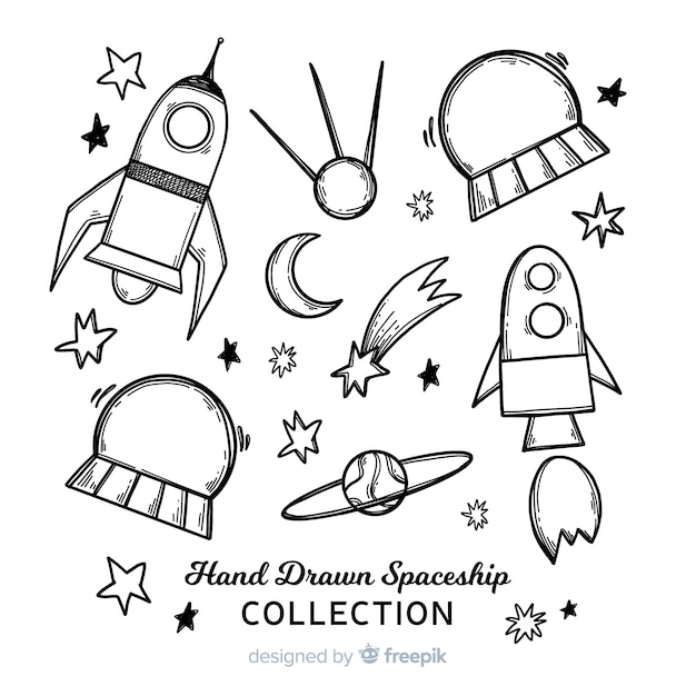 Colección adorable de naves espaciales dibujadas a mano