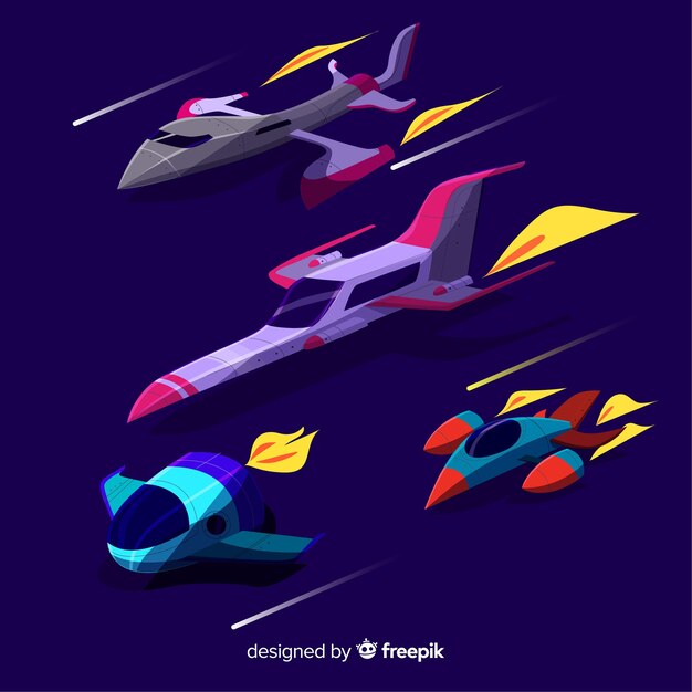 Colección adorable de naves espaciales con diseño plano