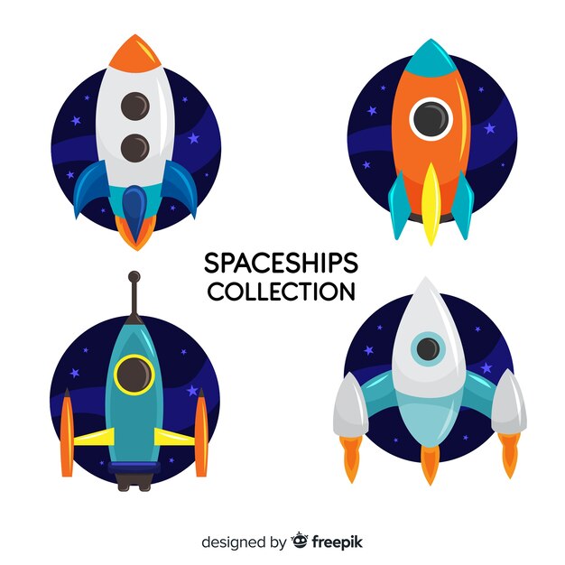 Colección adorable de naves espaciales con diseño plano