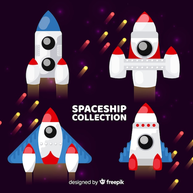 Vector gratuito colección adorable de naves espaciales con diseño plano