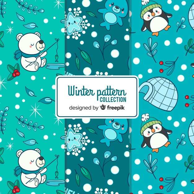 Colección adorable de patrones de invierno dibujados a mano