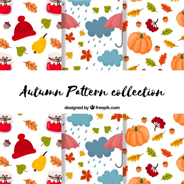 Colección adorable de patrones de otoño con ilustraciones