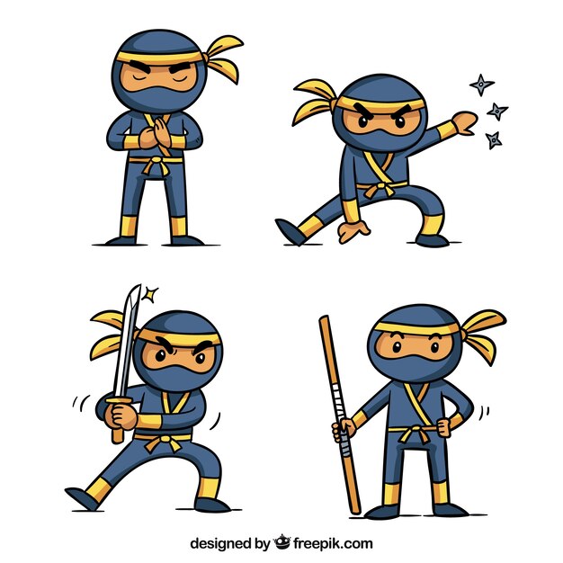 Colección adorable de personaje ninja dibujado a mano