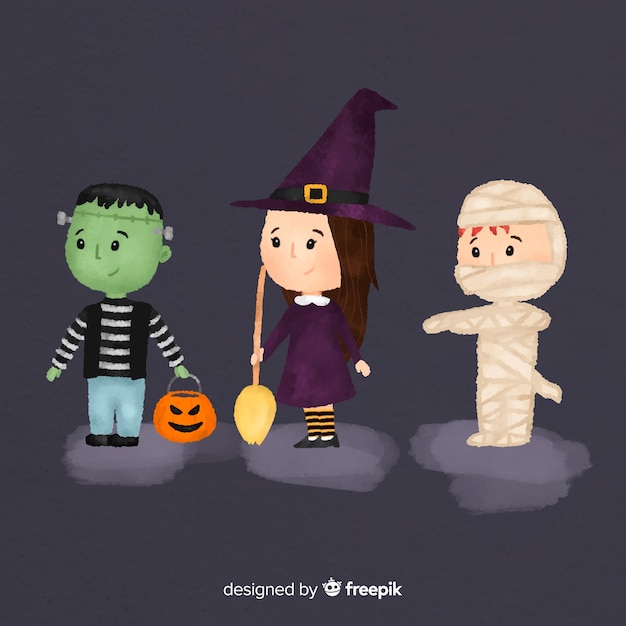 Colección adorable de personajes de halloween en acuarela