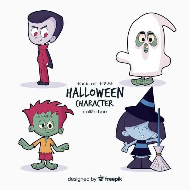 Colección adorable de personajes de halloween dibujados a mano