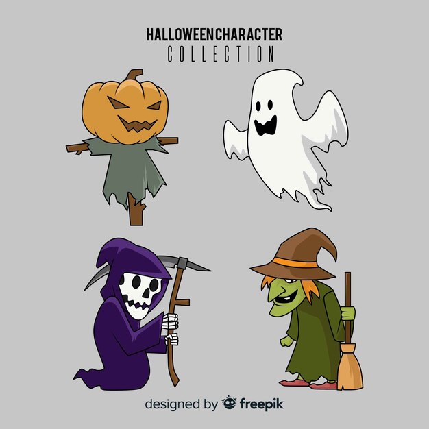 Colección adorable de personajes de halloween dibujados a mano