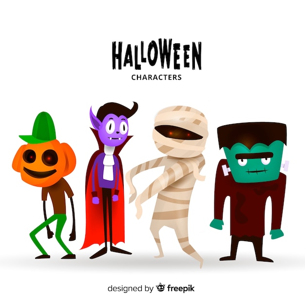 Colección adorable de personajes de halloween dibujados a mano