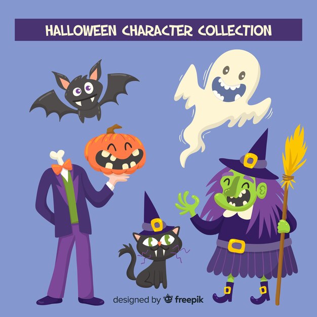 Colección adorable de personajes de halloween dibujados a mano