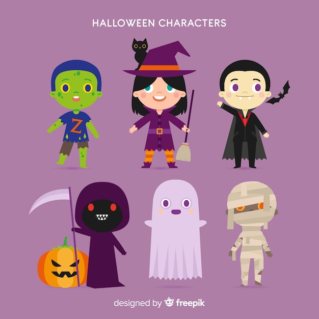 Colección adorable de personajes de halloween con diseño plano