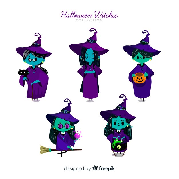 Colección adorable de personajes de halloween con diseño plano
