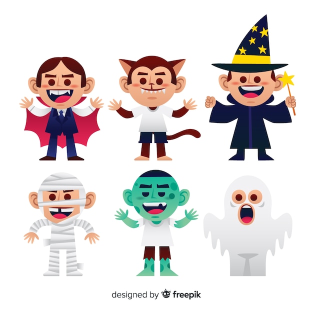 Vector gratuito colección adorable de personajes de halloween con diseño plano