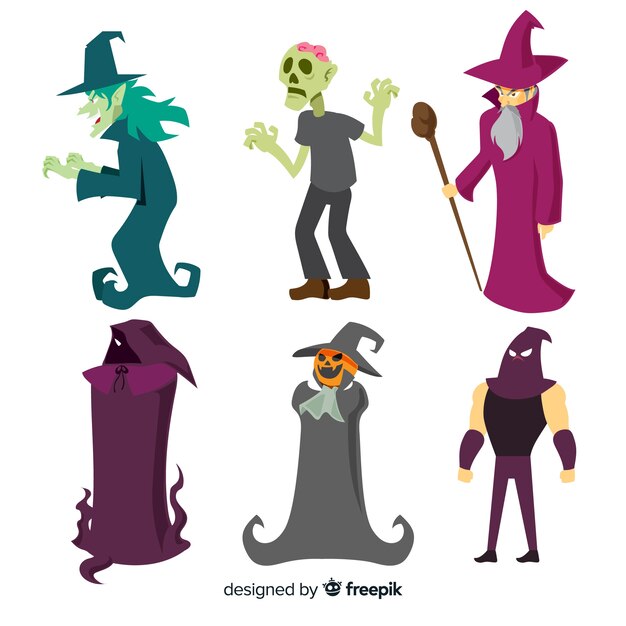 Colección adorable de personajes de halloween con diseño plano