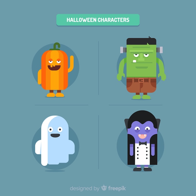 Colección adorable de personajes de halloween con diseño plano