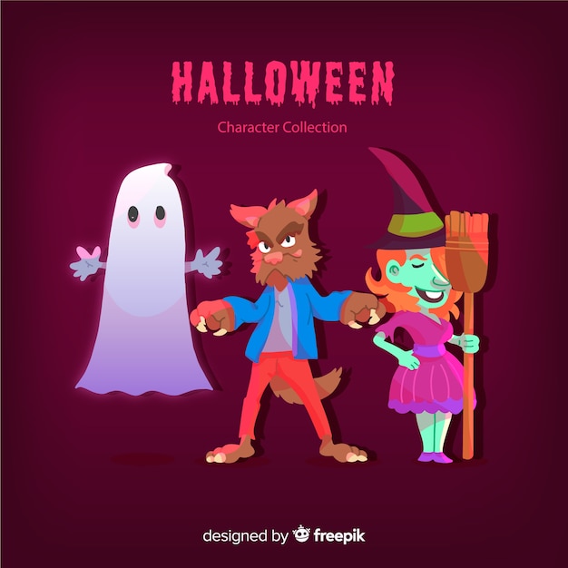 Colección adorable de personajes de halloween con diseño plano