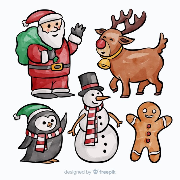 Colección adorable de personajes de navidad en acuarela