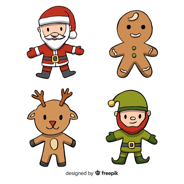Colección adorable de personajes de navidad dibujados a mano