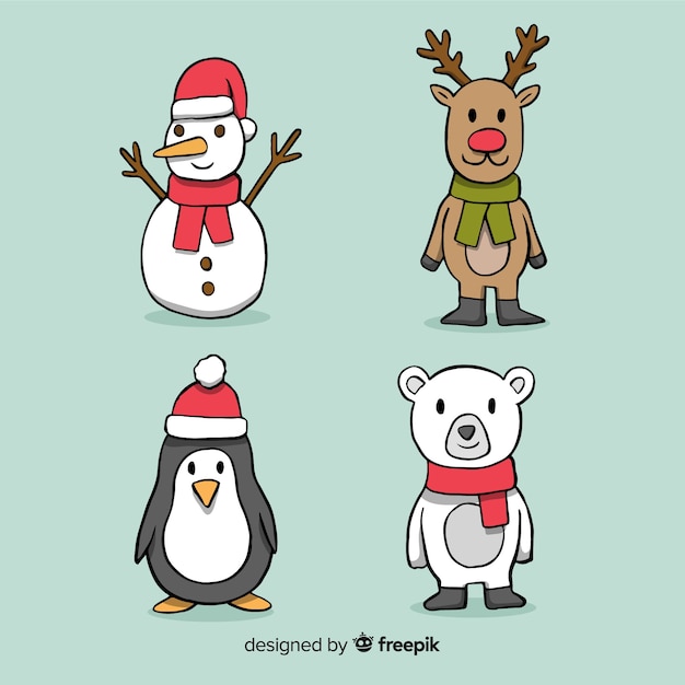 Vector gratuito colección adorable de personajes de navidad dibujados a mano