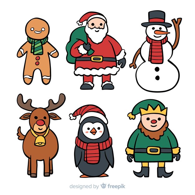 Colección adorable de personajes de navidad dibujados a mano