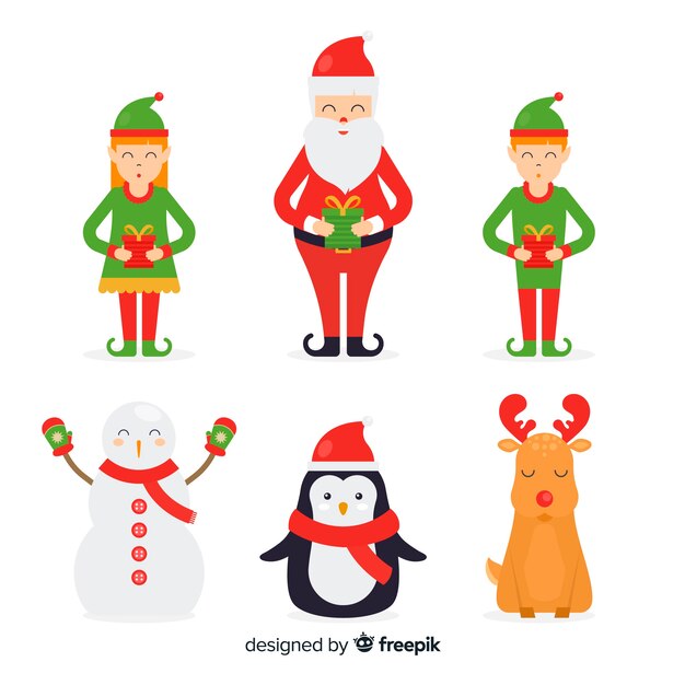 Colección adorable de personajes de navidad con diseño plano