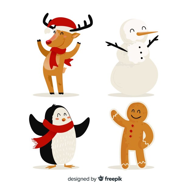Colección adorable de personajes de navidad con diseño plano