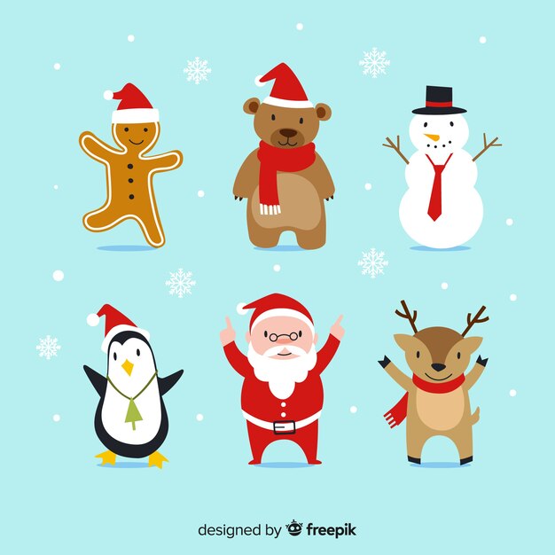 Colección adorable de personajes de navidad con diseño plano