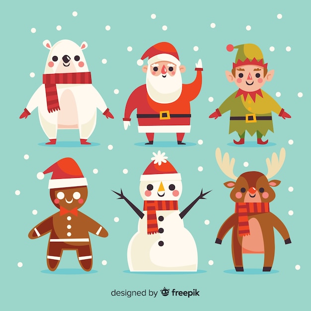Colección adorable de personajes de navidad con diseño plano